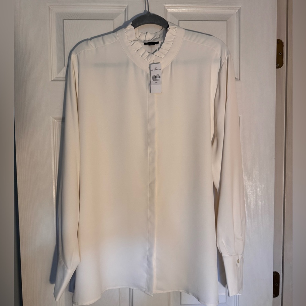 Ann Taylor Cream Ruffle Neck Long Sleeve Blouse